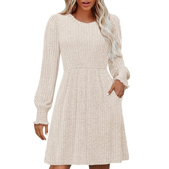 qucoqpe Women's Long Sleeve V Neck Sweater DressTrendy Casual Ribbed Knit Short Mini Fall Winter Tunic Dresses for Women