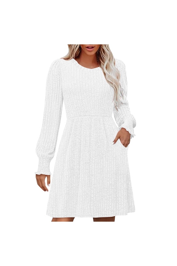 Women's Long Sleeve V Neck Sweater DressTrendy Casual Ribbed Knit Short Mini Fall Winter Tunic Dresses for Women