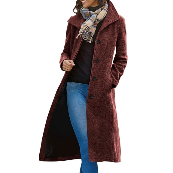 qucoqpe Women's Long Wool Trench Coat Thicken Casual Button Front Peacoat Jacket with Pockets Fall WInter Warm Fashion Overcoat