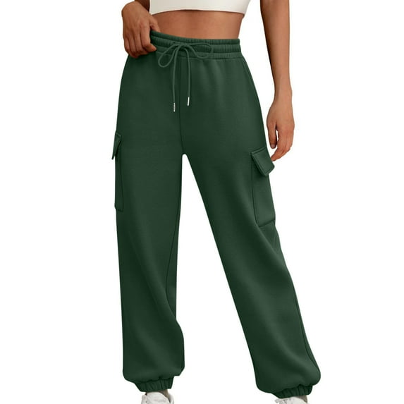qucoqpe Women's Lounge Cargo Jogger Sweatpants Casual Solid Drawstring Waist Straight Leg Pants with Side Pockets
