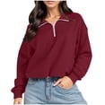 thumbnail image 1 of qucoqpe Women's Mock Neck Zip Fleece Sweatshirt Lightweight Casual Cropped Pullover Top Fall Sleeve Loose Blouse Wine L, 1 of 5