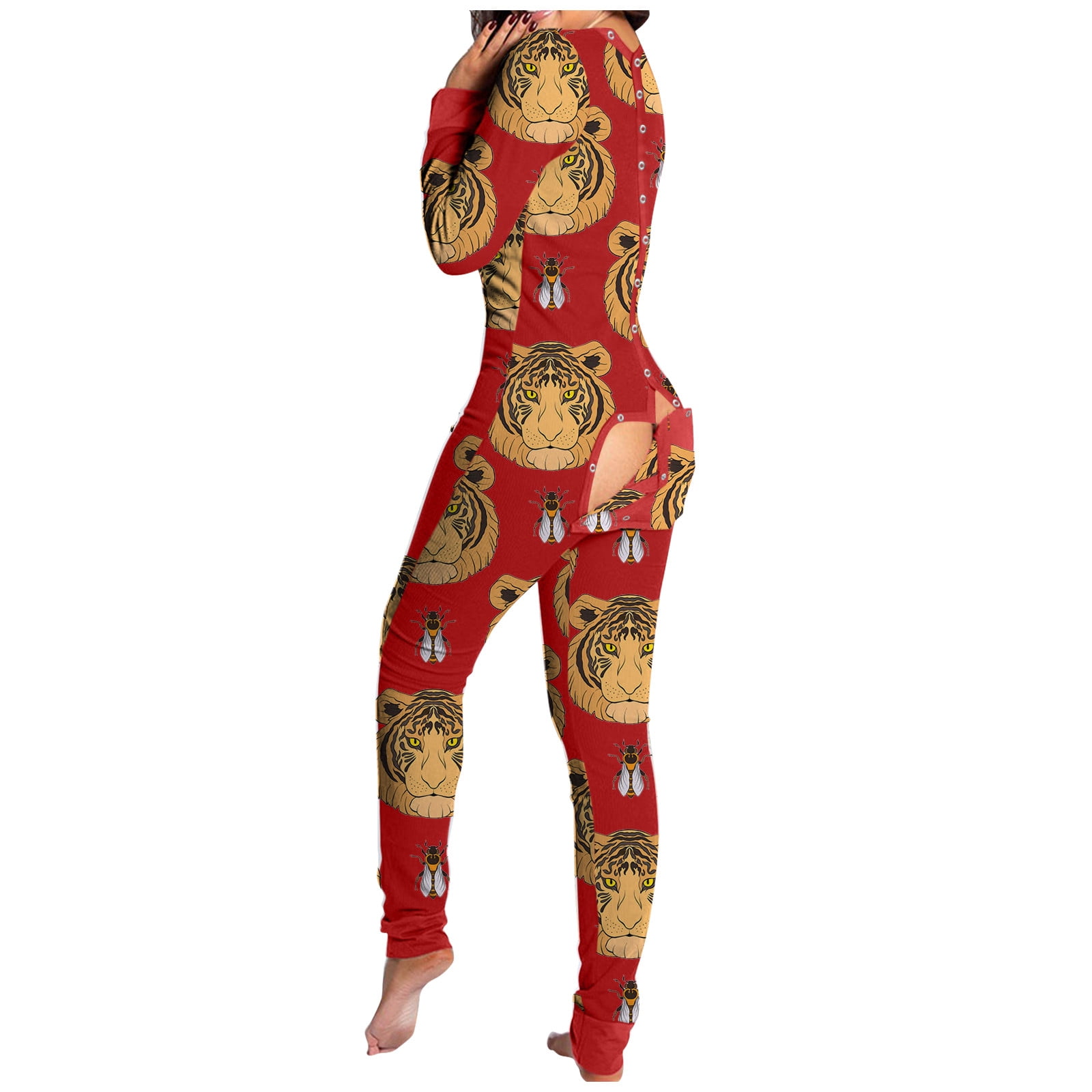 qucoqpe Women s One Piece Jumpsuits Sexy Deep V Neck Onesie Pajamas Button Down Butt Flap Long Sleeve Animal Printed Nightwear Bodysuits Rompers Bodycon Walmart