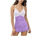 thumbnail image 1 of qucoqpe Women's One Piece Swimsuits Striped Colorblock Bathing Suit Plunging Neck Pleated Ruffle Hem Swimdress, 1 of 5