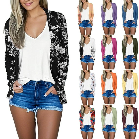 qucoqpe Women's Open Front Cardigan with Pockets 2025 Fall Fashion Casual Floral Long Sleeve Coat Outwear Lightweight Cardigan Sweaters for Women