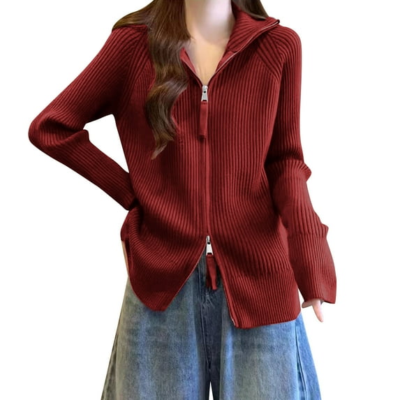 qucoqpe Women's Oversized Lapel Sweaters Trendy Loose Cozy Cardigan Tops Long Sleeve Two Way Zip Up Knit Sweaters