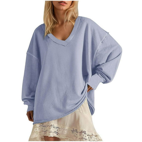 qucoqpe Women's Oversized V-Neck Long Sleeve Sweatshirt Casual Loose Fitting, Soft Fleece, Relaxed Pullover Top, Comfortable Everyday Wear