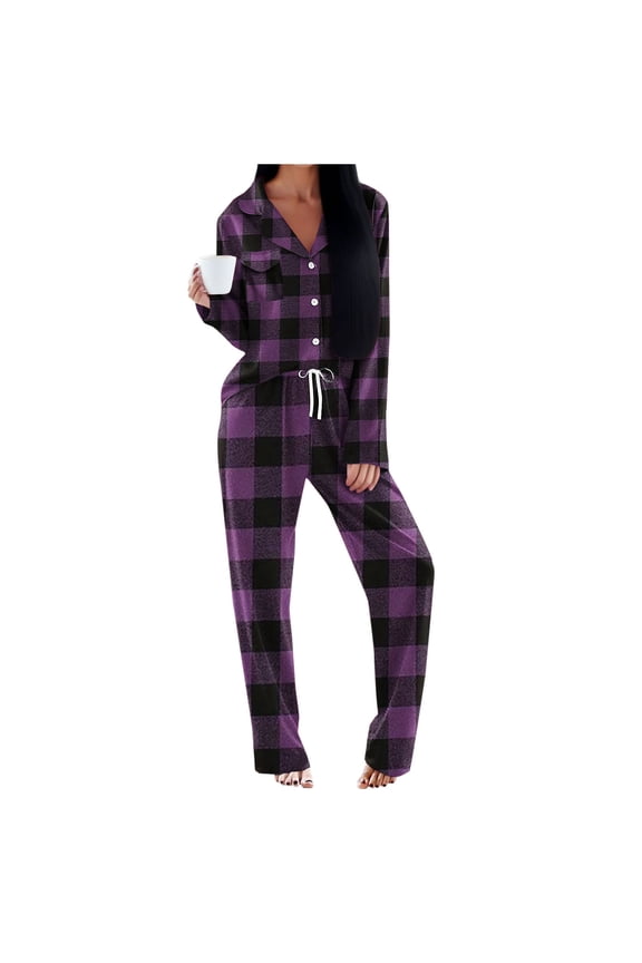 Women's Plaid Flannel Pajamas Sets Long Sleeve Button Down Sleepwear Nightwear Soft Pjs Lounge Sets