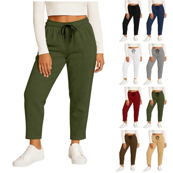 qucoqpe Women‘s Plus Size Corduroy Wide Leg Pants Elastic Waist Sports Casual Trousers with Pockets