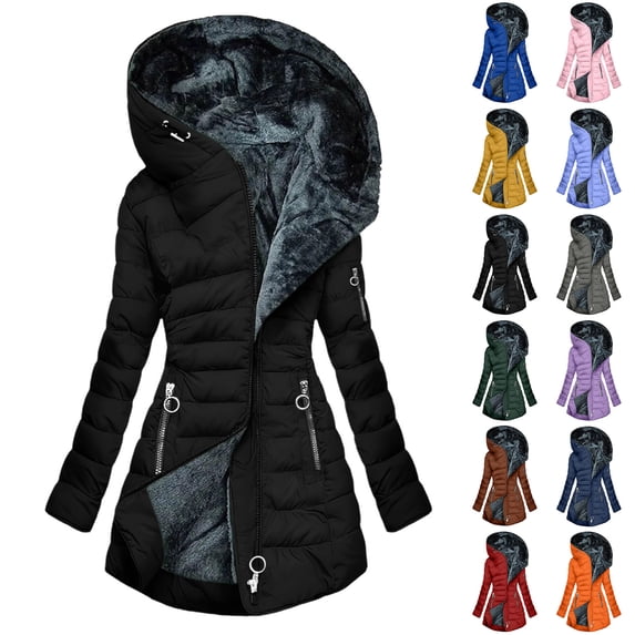 qucoqpe Women's Plus Size Hooded Puffer Jacket Fashion Zip-up Quilted Cotton Coat Lightweight Winter Long Sleeve Down Coats with Zipper Pockets
