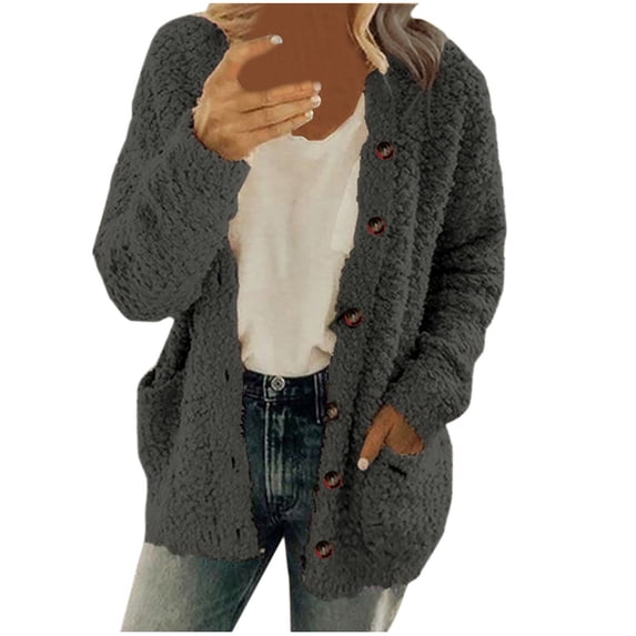 qucoqpe Women's Plus Size Popcorn Cardigan Open Front Fuzzy Button Long Sleeve Lightweight Sweater with Pockets on Clearance