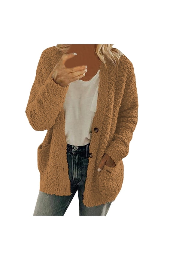 Women's Plus Size Popcorn Cardigan Open Front Fuzzy Button Long Sleeve Lightweight Sweater with Pockets