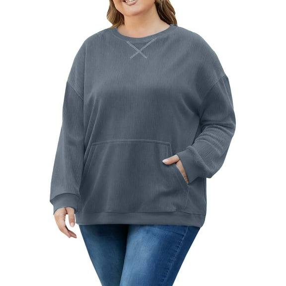 qucoqpe Women's Plus Size Pullover Sweatshirts Fall Winter Trendy Long Sleeve Crewneck Sweatshirt Casual Oversized Tops