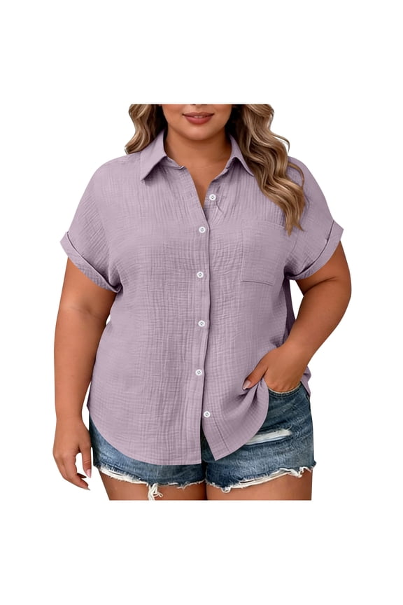 Women's Plus Size Short Sleeve Shirt Solid Color Button Down Notch Collar Blouse Tops with Pocket