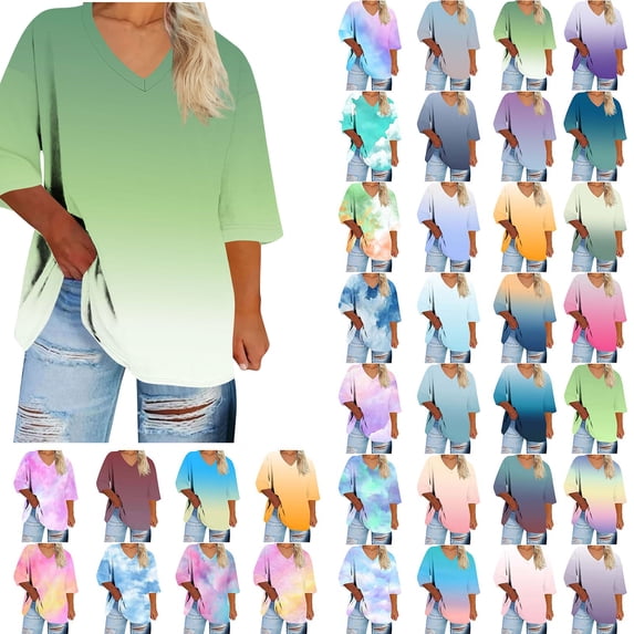qucoqpe Women's Plus Size T-Shirt 3/4 Sleeve V-Neck Gradient Dressy Blouse Loose Fit Casual Tops for Women