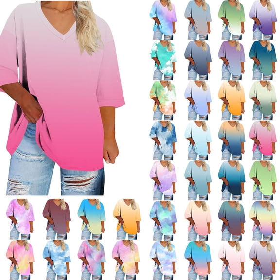 qucoqpe Women's Plus Size T-Shirt 3/4 Sleeve V-Neck Gradient Dressy Blouse Loose Fit Casual Tops for Women