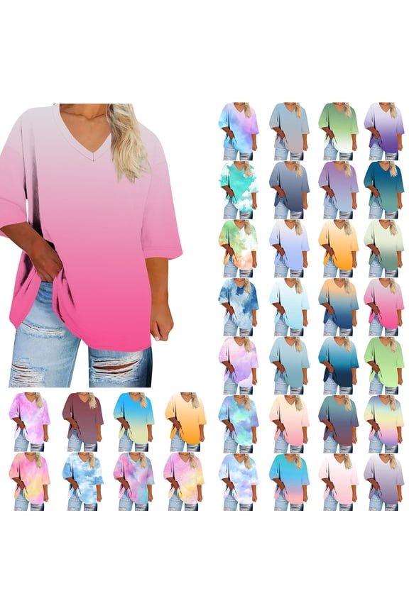 Women's Plus Size T-Shirt 3/4 Sleeve V-Neck Gradient Dressy Blouse Loose Fit Casual Tops for Women