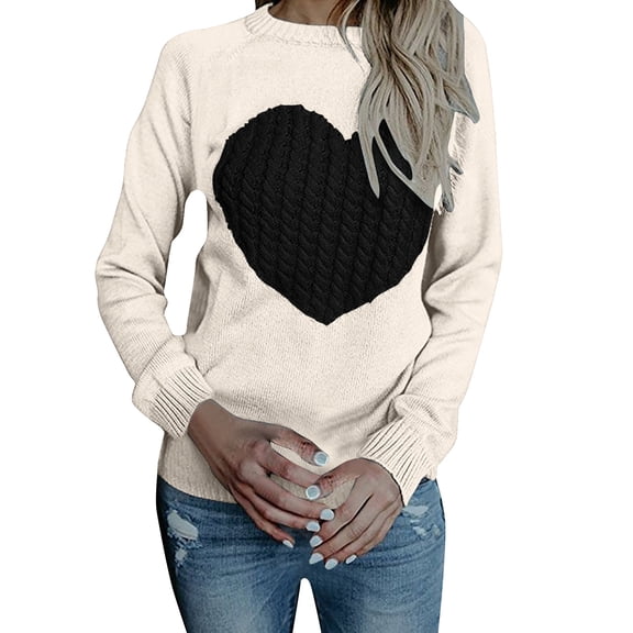 qucoqpe Women's Pullover Sweaters Long Sleeve Crewneck Cute Heart Knitted Casual Sweater
