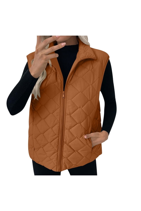 Women's Quilted Vest Stand Collar Lightweight Zip Up Padded Thermal Warm Sleeveless Jacket Casual Fleece Lined Outerwear Coat