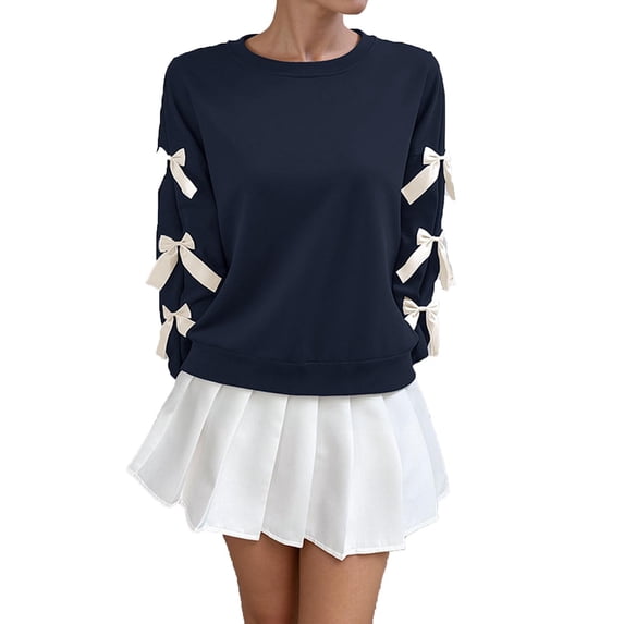 qucoqpe Women's Red Christmas Bow Sweatshirt, Long Sleeve Crewneck Pullover Top