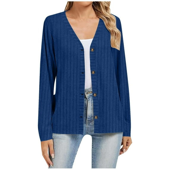 qucoqpe Women's Ribbed Fleece Button-Down Cardigan Womens Fall Fashion Solid Long Sleeve V-Neck Blouses Leisure Knit Sweater Outwear