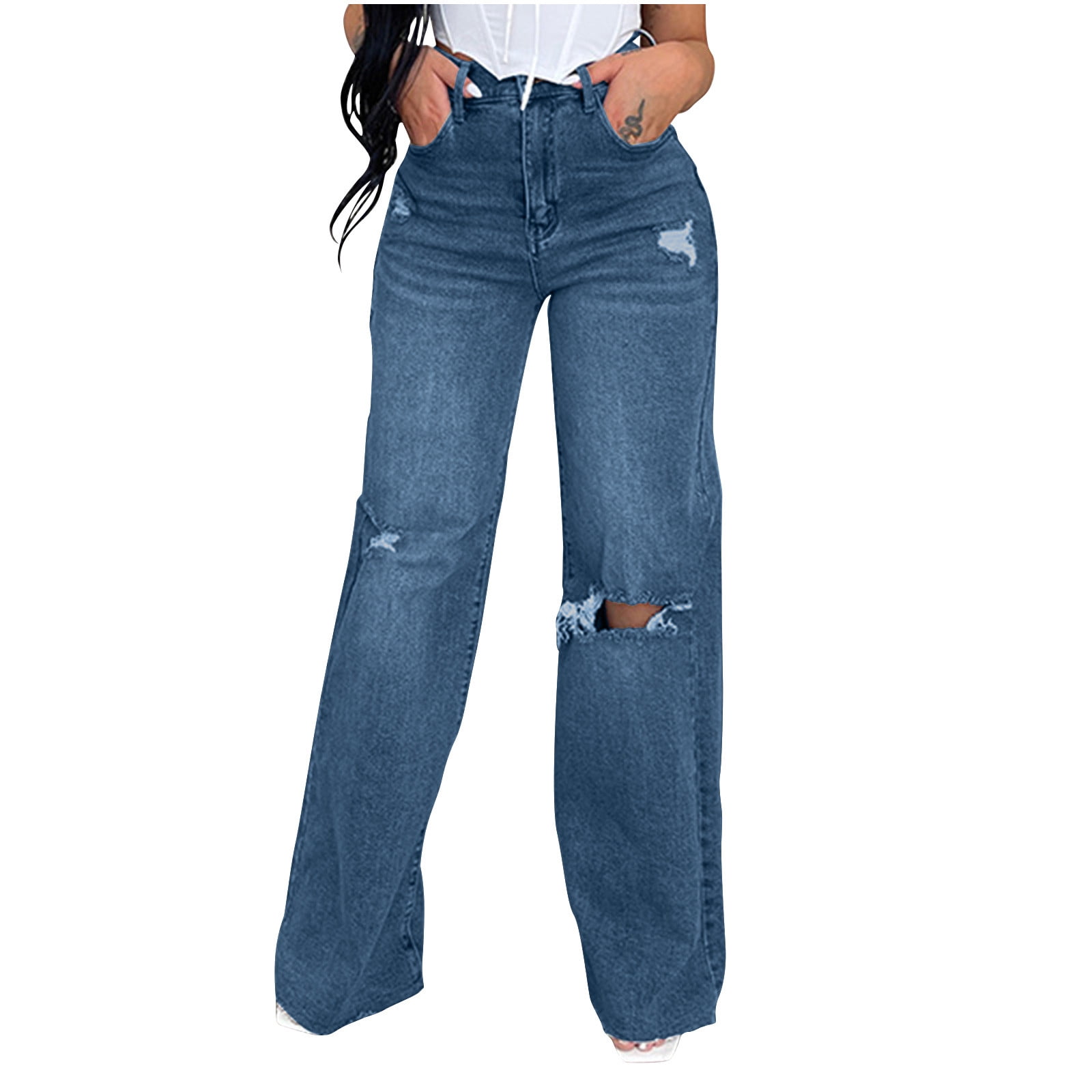 qucoqpe Women’s Ripped Jeans High Waisted Distressed Wide Leg Denim ...