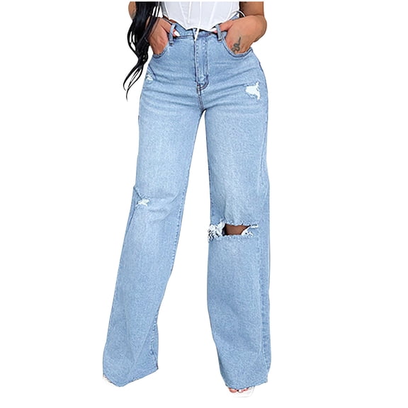 qucoqpe Women’s Ripped Jeans High Waisted Distressed Wide Leg Denim Trousers with Pocket