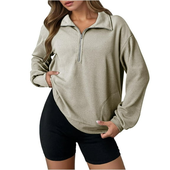 qucoqpe Women's Semi-Zip Pullover Sweatshirt Solid Color Long Sleeve Lapel Collared Shirt with Pockets Stylish Casual Top