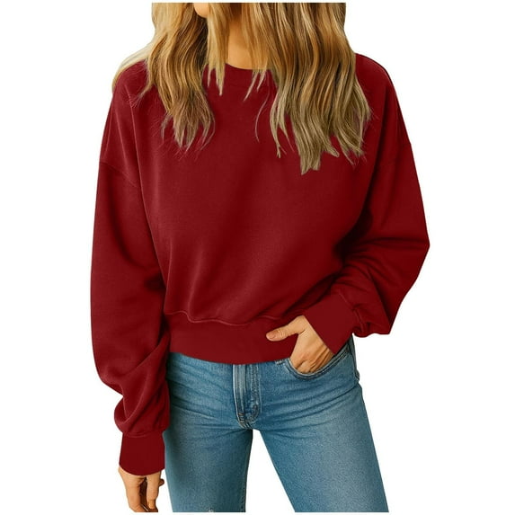qucoqpe Women's Short Cropped Sweatshirt Soft Fleece Round Neck Long Sleeve Casual Pullover Solid Color Loose Fit Top
