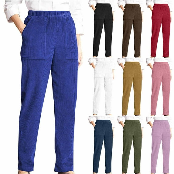 qucoqpe Women's Solid Color Corduroy Pants with Pockets Flannel Casual Elastic Waist Straight Leg Trousers