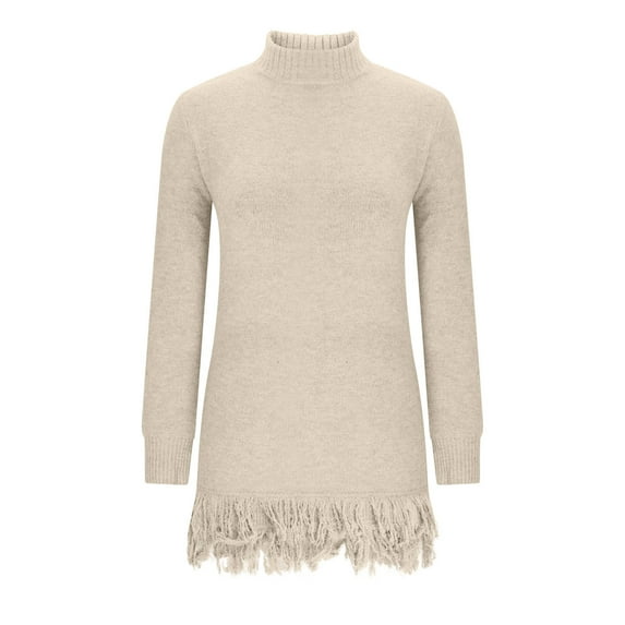 qucoqpe Women's Solid Color Sweater Dressy High Neck Long Sleeve Fringe Hem Fall Winter Fashion Casual Sweaters Blouse Tops
