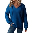 thumbnail image 1 of qucoqpe Women's Solid Color V-Neck Hooded Sweater Lightweight Long Sleeve Pullover Sweatshihrts Cozy Breathable Lounge Hoodie Top for Everyday, 1 of 6