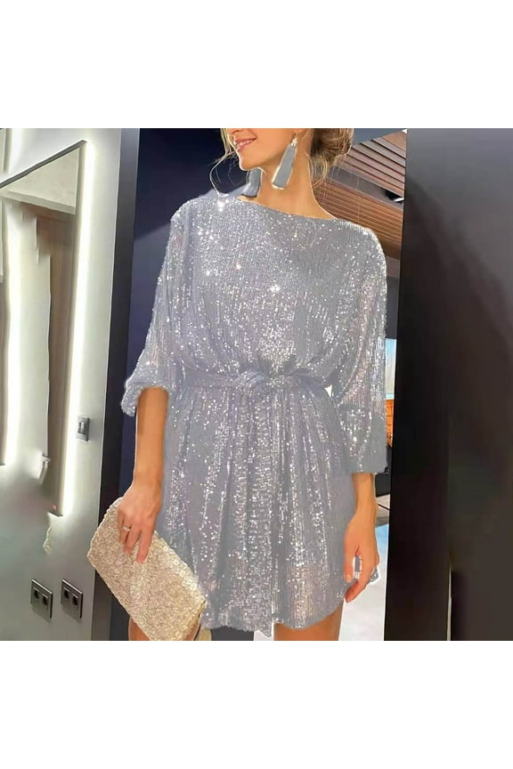 Women's Sparkle Glitzy Glam Sequin Long Sleeve Flapper Wedding Guest Party Club Dress for Women
