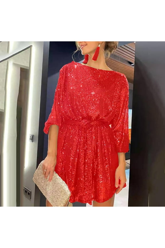Women's Sparkle Glitzy Glam Sequin Long Sleeve Flapper Wedding Guest Party Club Dress for Women