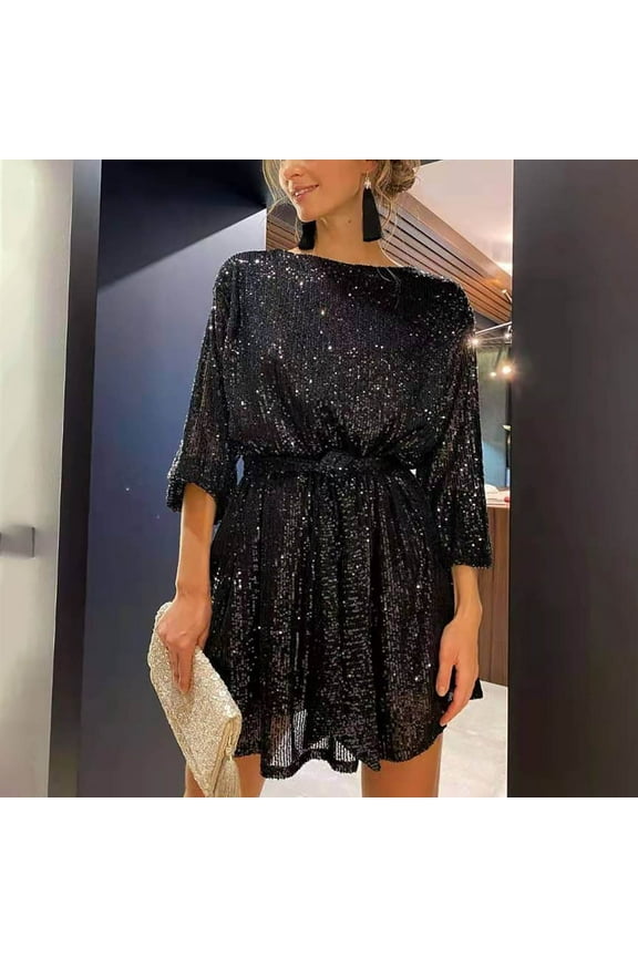 Women's Sparkle Glitzy Glam Sequin Long Sleeve Flapper Wedding Guest Party Club Dress for Women