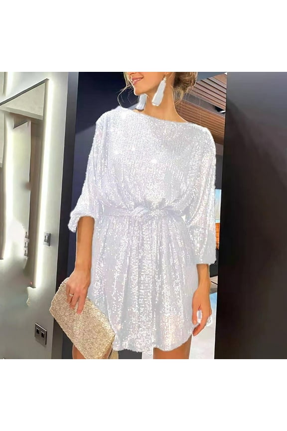 Women's Sparkle Glitzy Glam Sequin Long Sleeve Flapper Wedding Guest Party Club Dress for Women