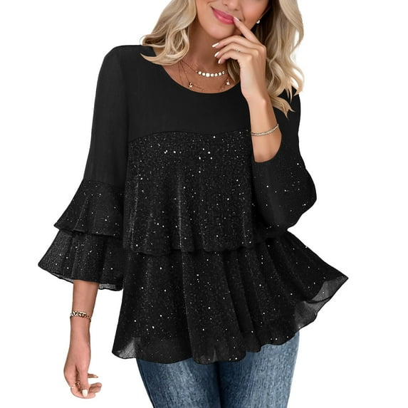 qucoqpe Women's Sparkly Dressy Blouses Ruffle 3/4 Sleeve Peplum Glitter Blouses Elegant Evening Flowy Tunic Tops Crewneck Sequin Shirts Evening Party Night