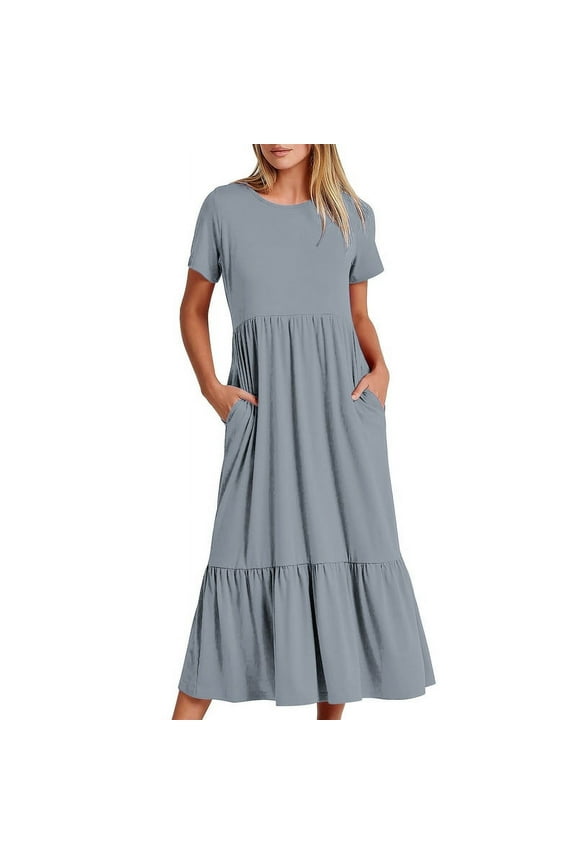 Women's Summer Casual Short Sleeve Crewneck Swing Dress Flowy Tiered Maxi Beach Dress with Pockets