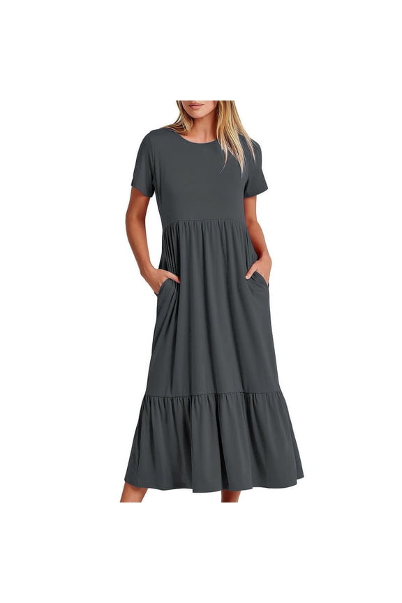 Women's Summer Casual Short Sleeve Crewneck Swing Dress Flowy Tiered Maxi Beach Dress with Pockets