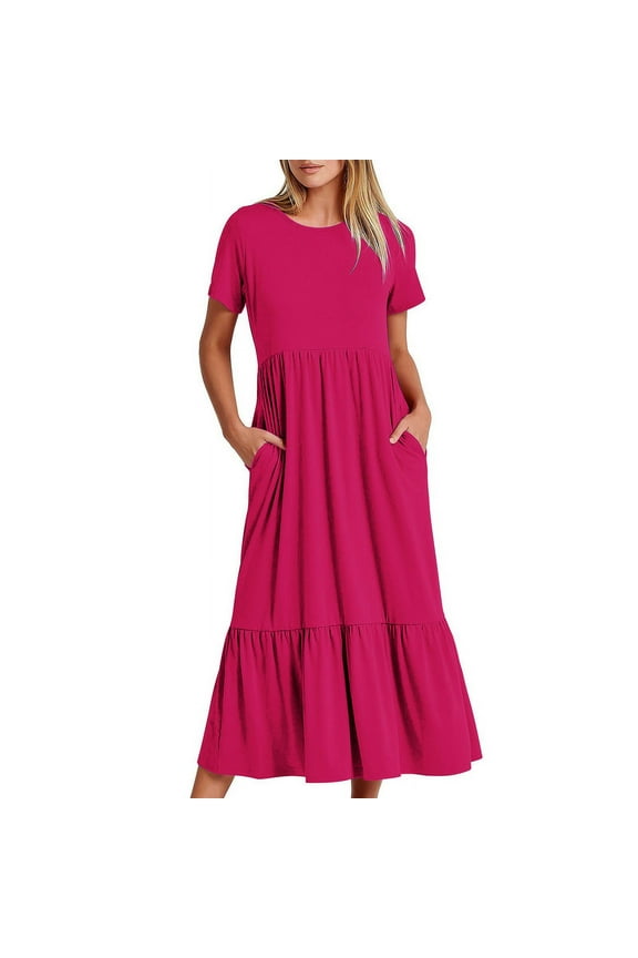 Women's Summer Casual Short Sleeve Crewneck Swing Dress Flowy Tiered Maxi Beach Dress with Pockets