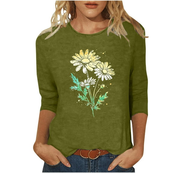 qucoqpe Women's Summer Fashion Floral Printed Blouses Tops Causal Loose Fit Crew Neck 3/4 Sleeve Shirts
