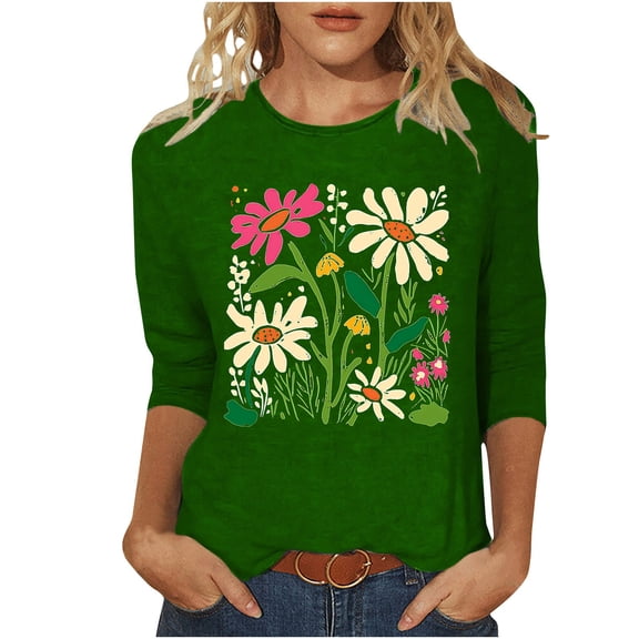 qucoqpe Women's Summer Fashion Floral Printed Blouses Tops Causal Loose Fit Crew Neck 3/4 Sleeve Shirts