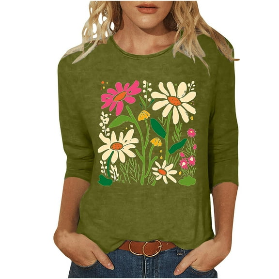 qucoqpe Women's Summer Fashion Floral Printed Blouses Tops Causal Loose Fit Crew Neck 3/4 Sleeve Shirts