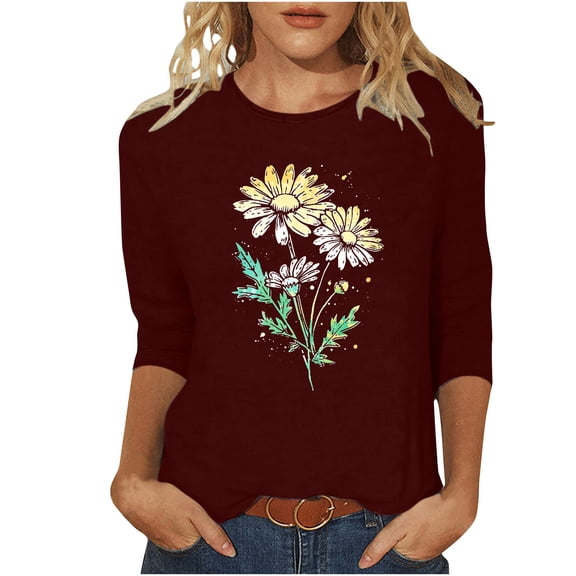 qucoqpe Women's Summer Fashion Floral Printed Blouses Tops Causal Loose Fit Crew Neck 3/4 Sleeve Shirts