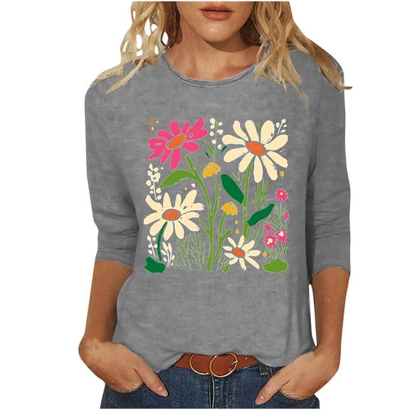 qucoqpe Women's Summer Fashion Floral Printed Blouses Tops Casual Loose Fit Crew Neck 3/4 Sleeve Shirts