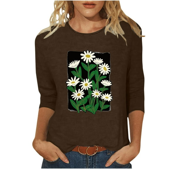 qucoqpe Women's Summer Fashion Floral Printed Blouses Tops Causal Loose Fit Crew Neck 3/4 Sleeve Shirts