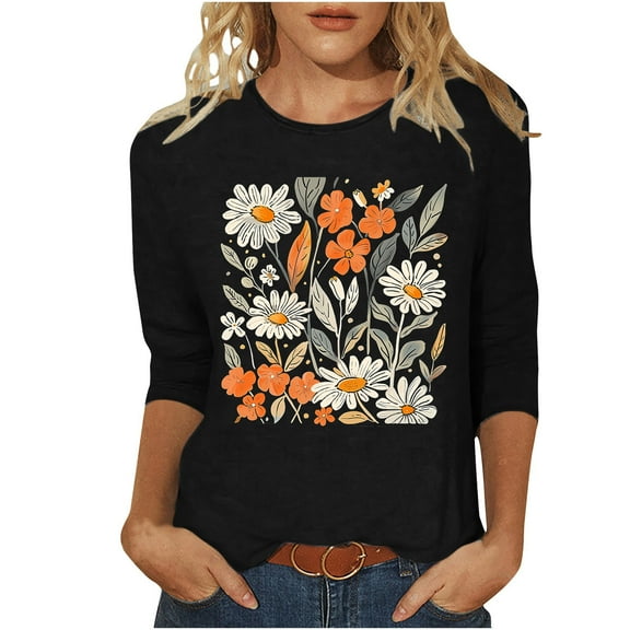qucoqpe Women's Summer Fashion Floral Printed Blouses Tops Causal Loose Fit Crew Neck 3/4 Sleeve Shirts