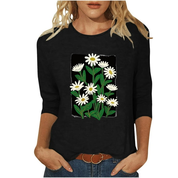qucoqpe Women's Summer Fashion Floral Printed Blouses Tops Causal Loose Fit Crew Neck 3/4 Sleeve Shirts