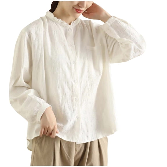 qucoqpe Women's Summer Linen Tops Fashion Causal Loose Fit Solid Color Shirts Crew Neck 3/4 Sleeve Button Shirts Tops with Pocket
