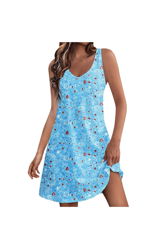 Women's Summer Tank Dress Sleeveless V Neck Mini Dress Fashion Casual Loose Floral Printed Beach Vacation Sundress