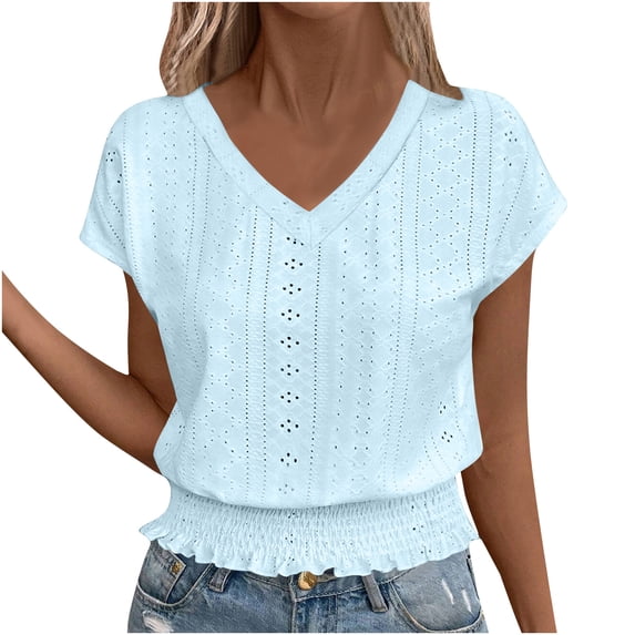 qucoqpe Women's Summer Tops Fashion Casual Solid V Neck Short Sleeve T-Shirts Elastic Waistband Blouses